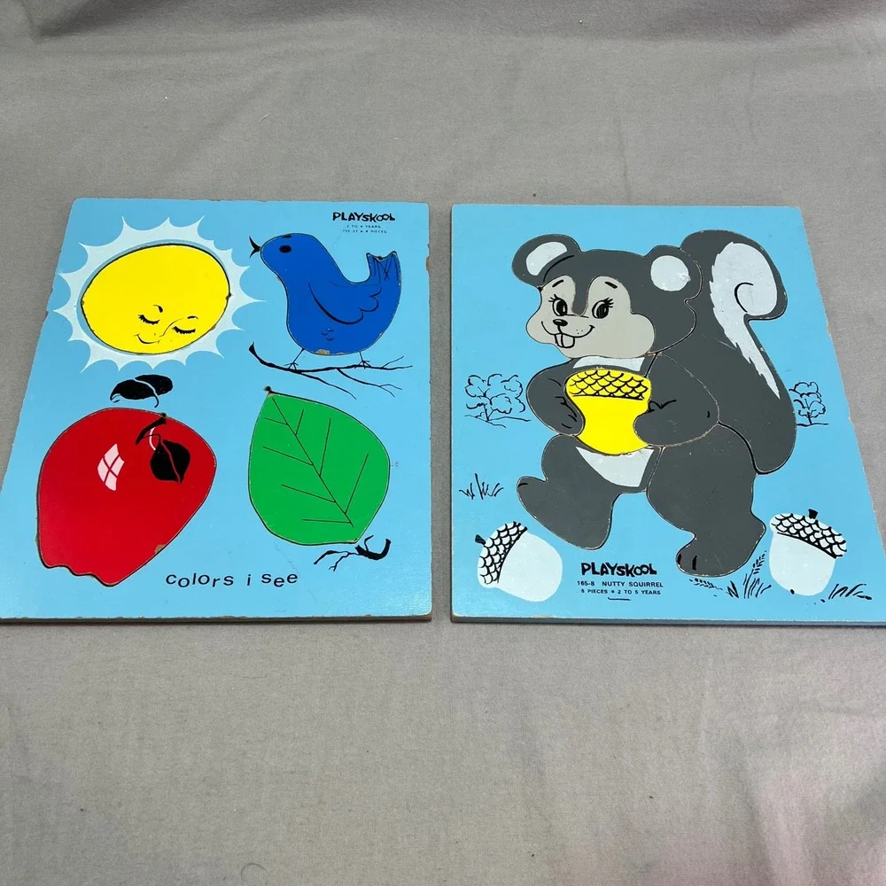 VTG Playskool Wooden Inlay Puzzles Set Nutty Squirrel Colors I See ‎ 70s Nursery